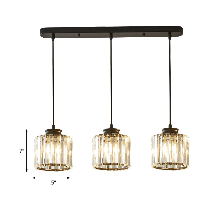 Modernist Drum Crystal Multi-Light Pendant - 3 Lights - Black Ceiling Hanging Fixture with Linear/Round Canopy