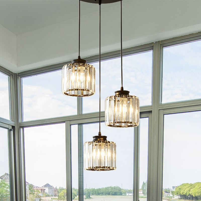 Modernist Drum Crystal Multi-Light Pendant - 3 Lights - Black Ceiling Hanging Fixture with Linear/Round Canopy