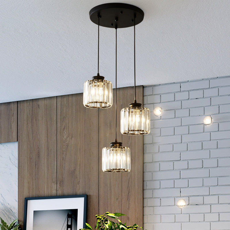 Modernist Drum Crystal Multi-Light Pendant - 3 Lights - Black Ceiling Hanging Fixture with Linear/Round Canopy