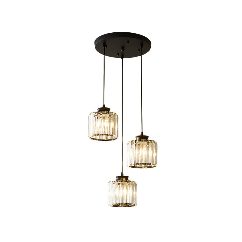 Modernist Drum Crystal Multi-Light Pendant - 3 Lights - Black Ceiling Hanging Fixture with Linear/Round Canopy
