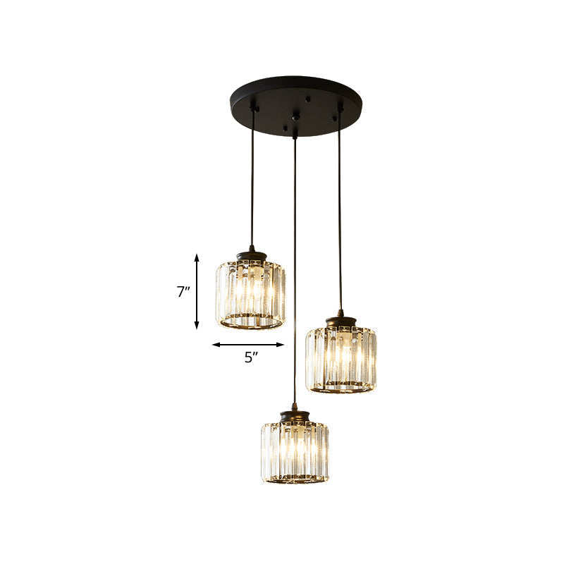 Modernist Drum Crystal Multi-Light Pendant - 3 Lights - Black Ceiling Hanging Fixture with Linear/Round Canopy