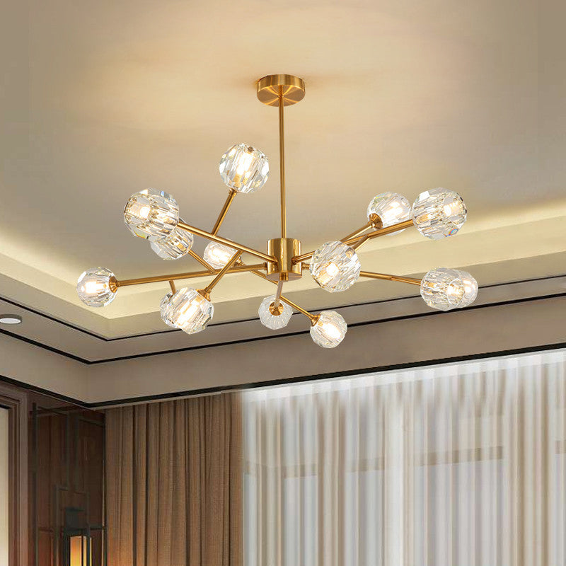 Lustre de plafond moderniste doré avec abat-jour en cristal - Suspension de salon à 15 ampoules
