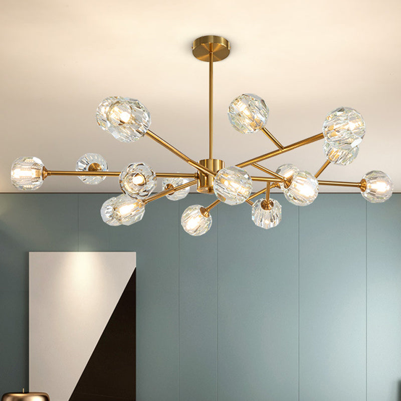 Lustre de plafond moderniste doré avec abat-jour en cristal - Suspension de salon à 15 ampoules