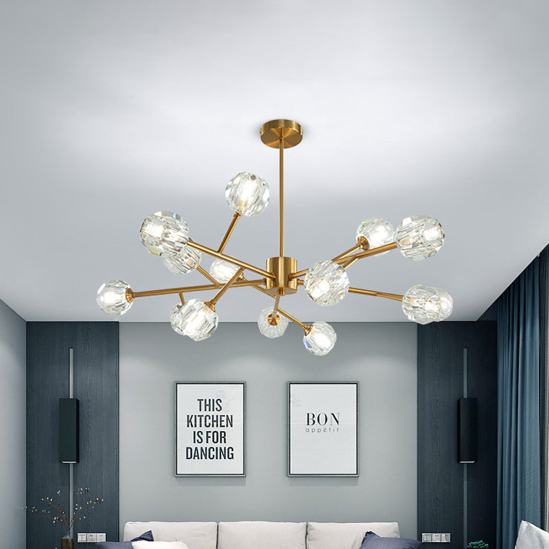 Lustre de plafond moderniste doré avec abat-jour en cristal - Suspension de salon à 15 ampoules