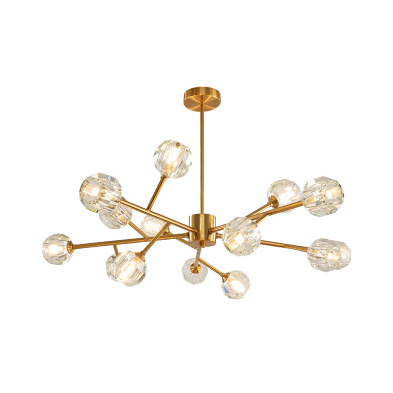 Lustre de plafond moderniste doré avec abat-jour en cristal - Suspension de salon à 15 ampoules