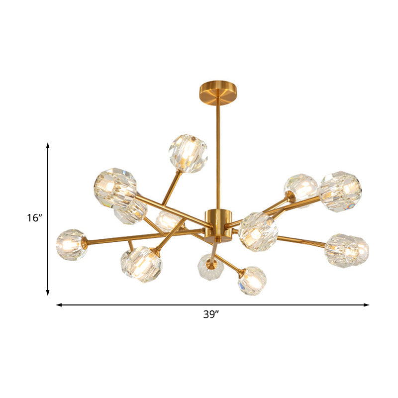 Lustre de plafond moderniste doré avec abat-jour en cristal - Suspension de salon à 15 ampoules