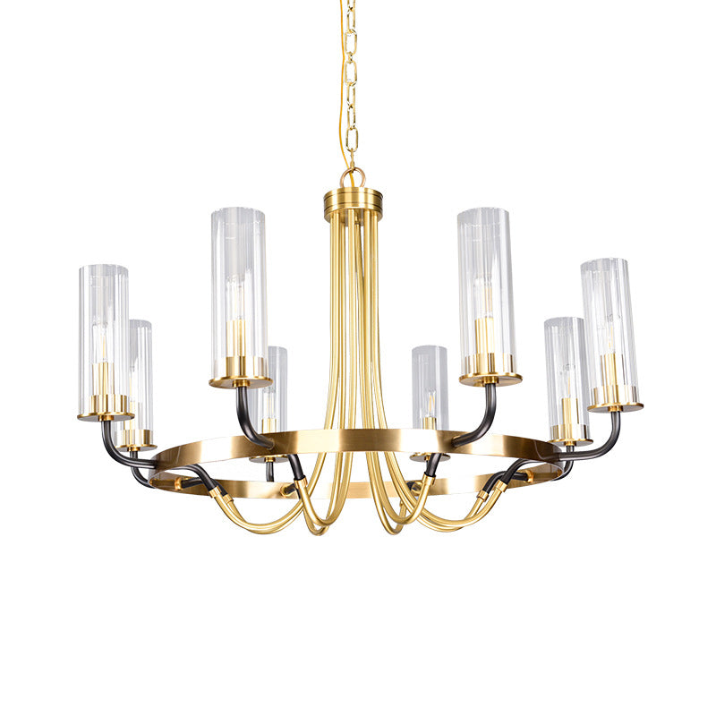 Minimalist Gold Chandelier Pendant Lamp - Tube Clear Glass 8 Bulbs Ring Design