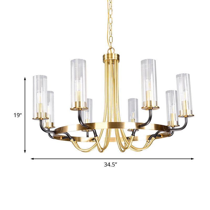 Minimalist Gold Chandelier Pendant Lamp - Tube Clear Glass 8 Bulbs Ring Design