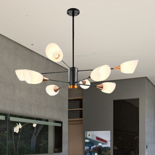 Modern Black Chandelier - 8 Heads Living Room Pendant Light Fixture with Floral Glass Shade