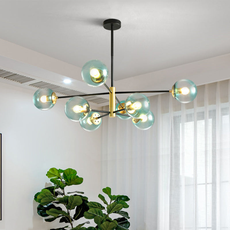 Modern Brass Chandelier with Blue Glass Shades - 8-Light Pendant Fixture