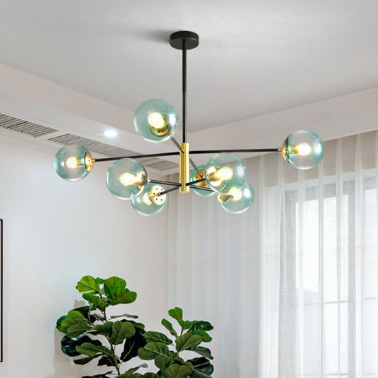 Modern Brass Chandelier with Blue Glass Shades - 8-Light Pendant Fixture
