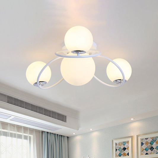 Modern White/Black Flush Mount Ceiling Light with Round Milk Glass Shade - 4-Bulb Bedroom Lighting