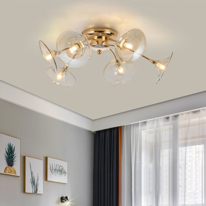 Modern Gold Semi Flush Light with Green/Clear Glass - 6 Bulbs for Living Room