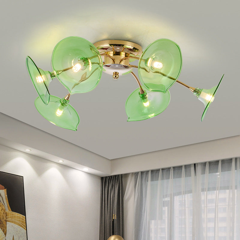 Modern Gold Semi Flush Light with Green/Clear Glass - 6 Bulbs for Living Room