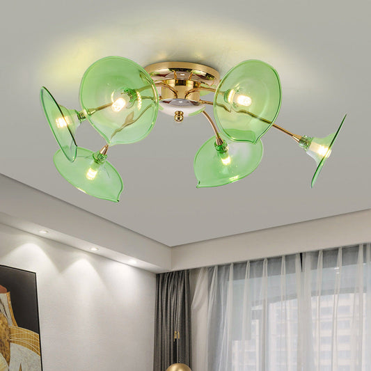 Modern Gold Semi Flush Light with Green/Clear Glass - 6 Bulbs for Living Room