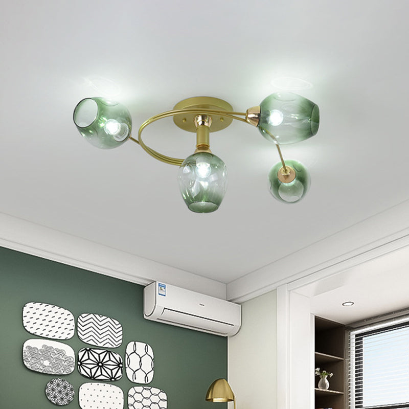 Plafonnier semi-encastré en spirale - Plafonnier moderne en fer doré à 4 têtes avec abat-jour en verre alvéolé vert