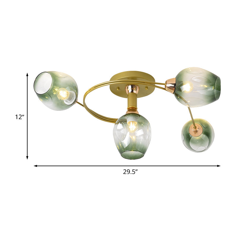 Spiral Semi Flush Mount Light - Modern Iron 4-Head Gold Ceiling Lamp With Green Dimpled Glass Shade