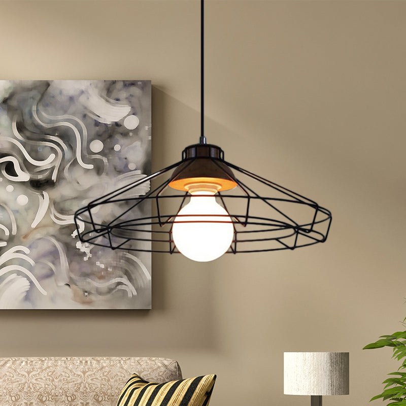 Suspension rétro en métal avec abat-jour en forme de cage cylindrique - Lampe suspendue pour chambre à coucher en noir