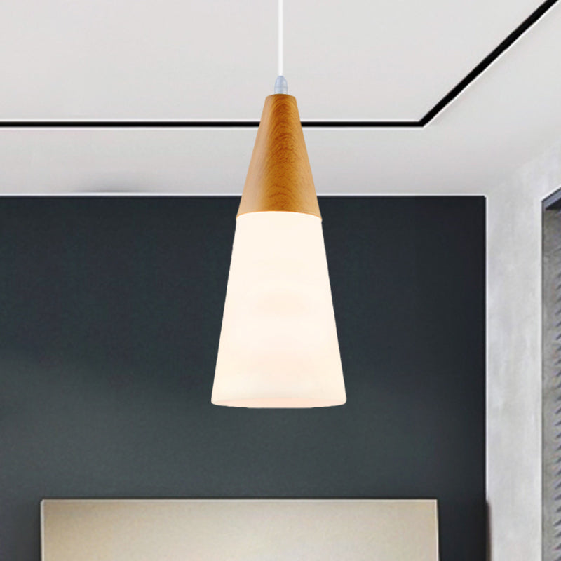 Modern Glass Cone Pendant Light with Wood Cap - White