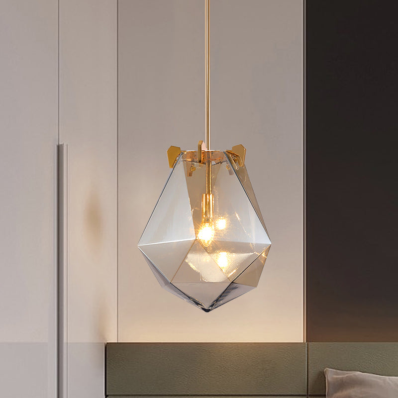 Modern Smoke Gray/Cognac Pendant Lamp with Geometric Glass Shade for Bedroom, 10"/14" Wide