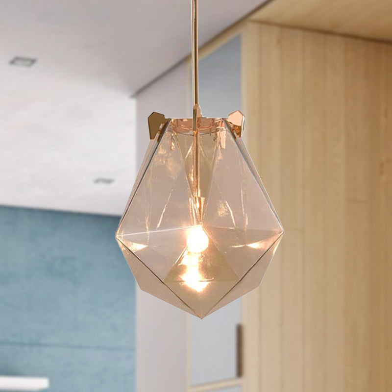 Modern 1 Light Bedroom Pendant Lamp - Smoke Gray/Cognac Geometric Glass Shade 10/14 Wide