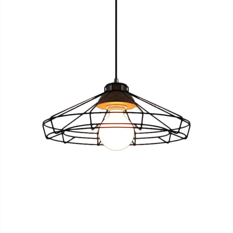 Suspension rétro en métal avec abat-jour en forme de cage cylindrique - Lampe suspendue pour chambre à coucher en noir