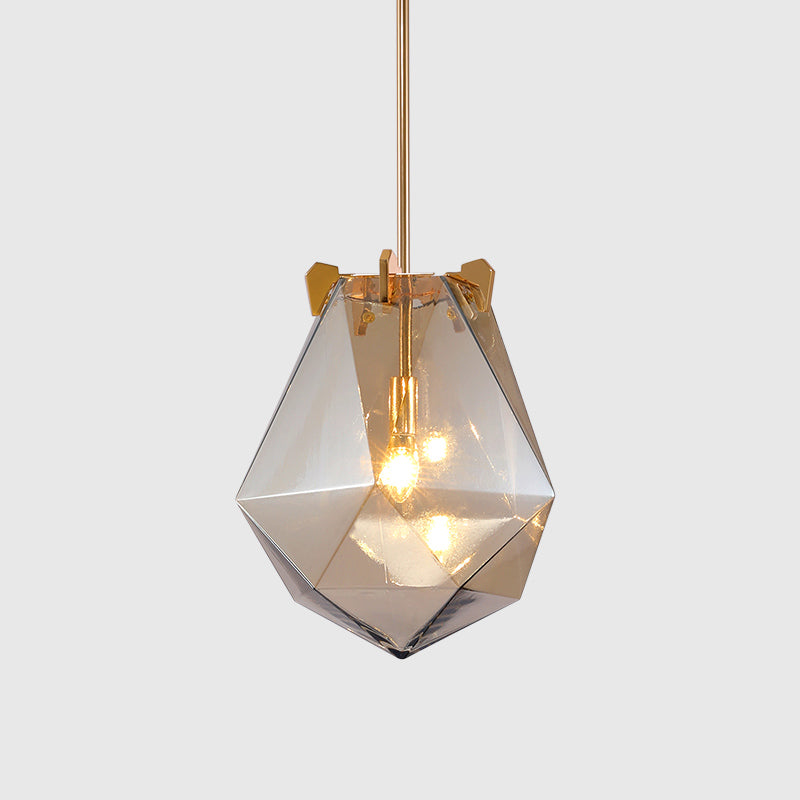 Modern 1 Light Bedroom Pendant Lamp - Smoke Gray/Cognac Geometric Glass Shade 10/14 Wide