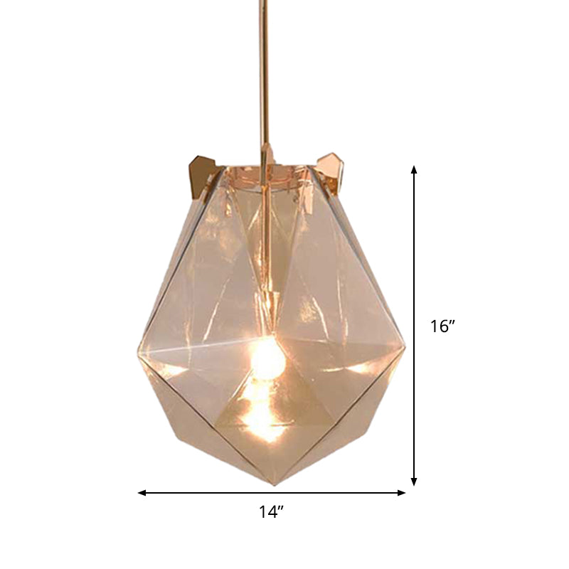 Modern Smoke Gray/Cognac Pendant Lamp with Geometric Glass Shade for Bedroom, 10"/14" Wide