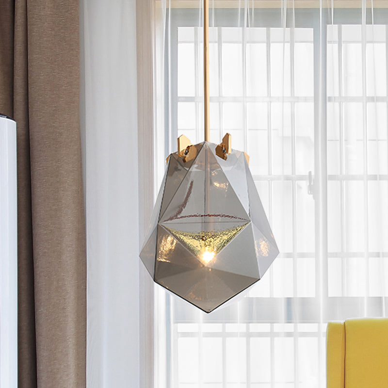Modern 1 Light Bedroom Pendant Lamp - Smoke Gray/Cognac Geometric Glass Shade 10/14 Wide Gray / 10