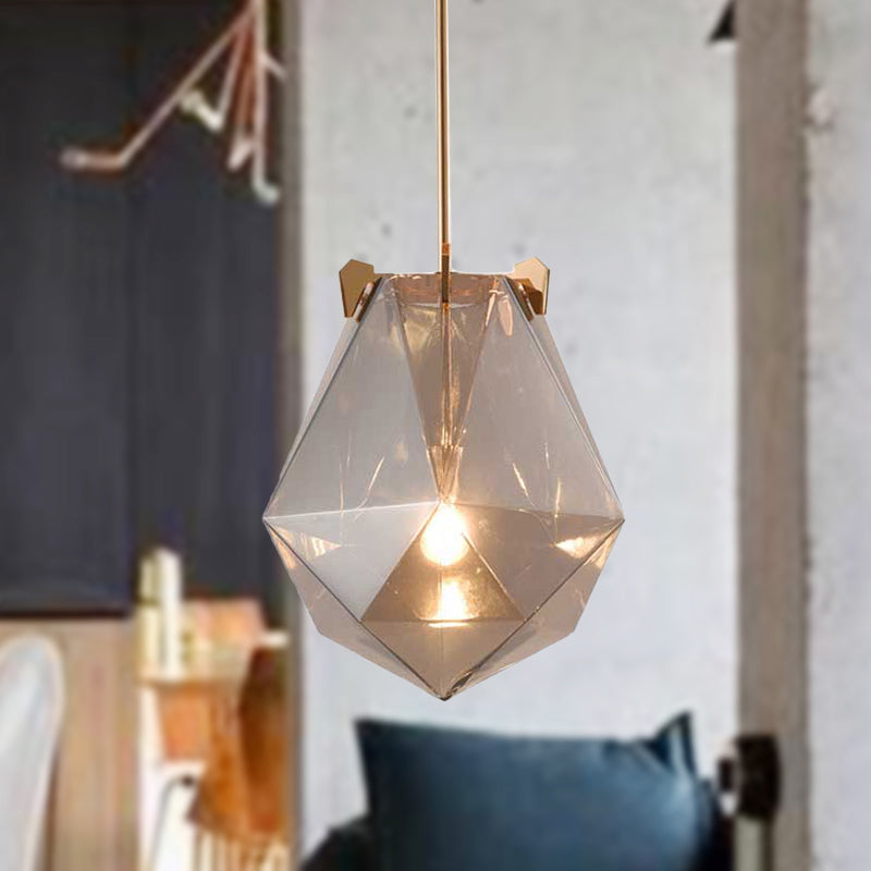 Modern 1 Light Bedroom Pendant Lamp - Smoke Gray/Cognac Geometric Glass Shade 10/14 Wide