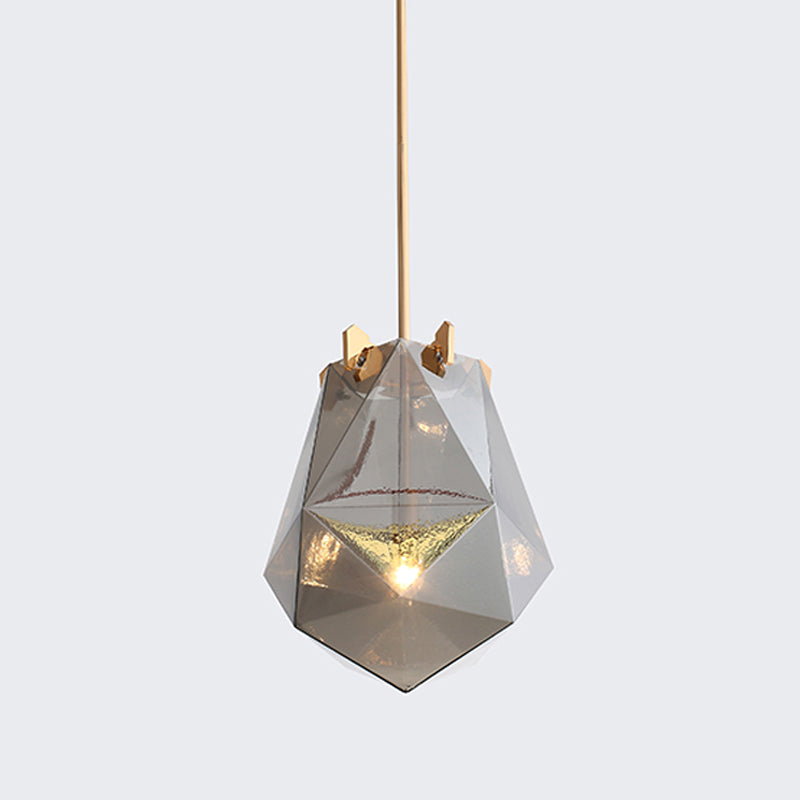 Modern Smoke Gray/Cognac Pendant Lamp with Geometric Glass Shade for Bedroom, 10"/14" Wide