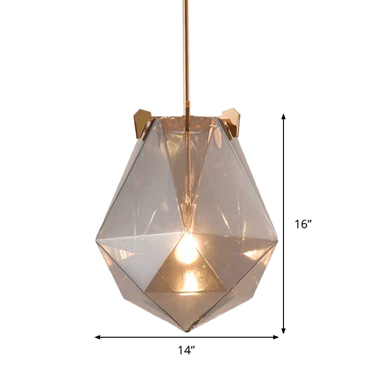 Modern 1 Light Bedroom Pendant Lamp - Smoke Gray/Cognac Geometric Glass Shade 10/14 Wide