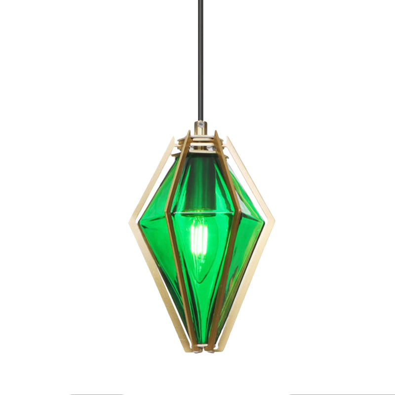Modern Diamond Office Pendant Light, Green/White Glass, 5"/6.5"/10" Wide, 1-Light, Hanging Ceiling Fixture