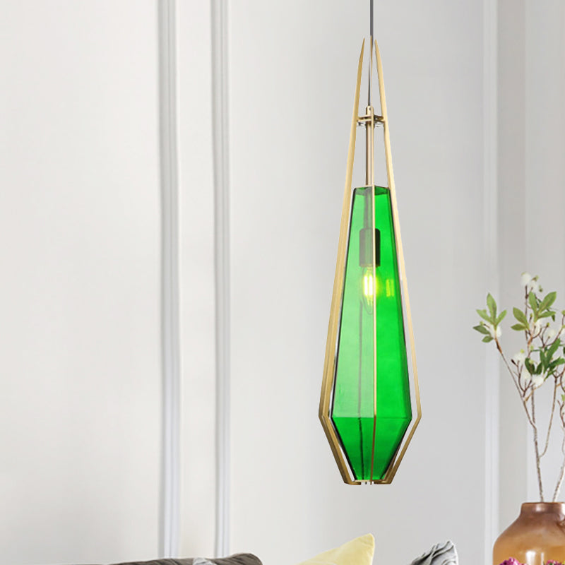Modern Diamond Office Pendant Light, Green/White Glass, 5"/6.5"/10" Wide, 1-Light, Hanging Ceiling Fixture