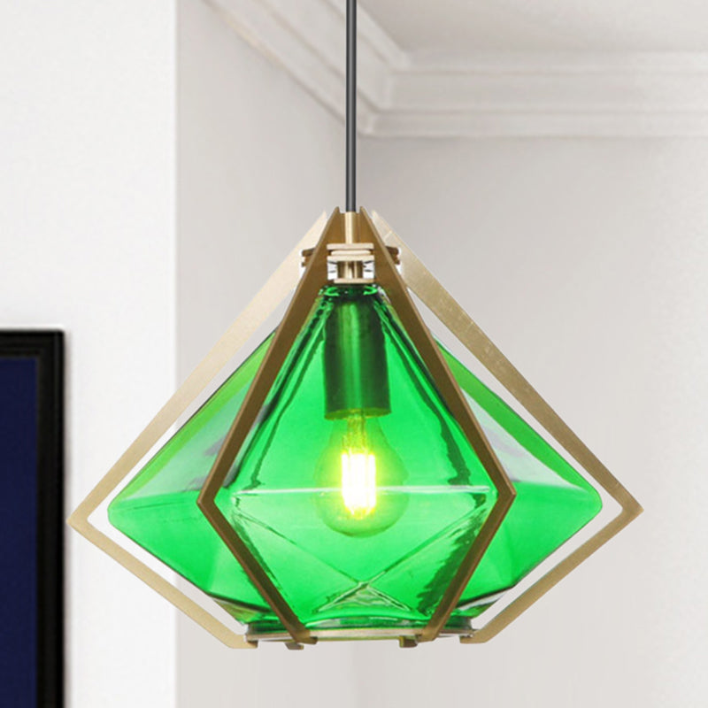 Modern Diamond Office Pendant Light, Green/White Glass, 5"/6.5"/10" Wide, 1-Light, Hanging Ceiling Fixture