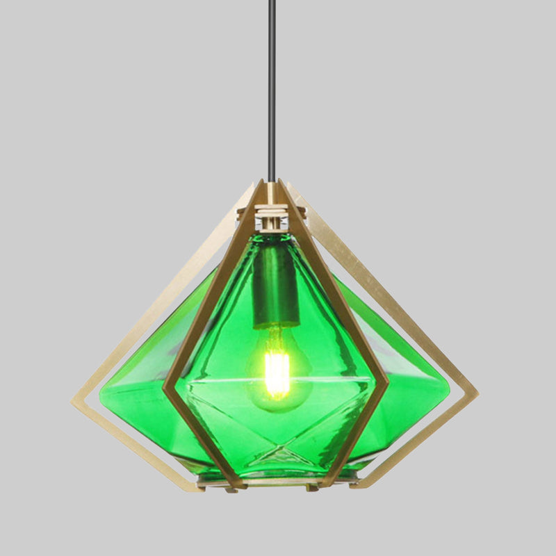 Modern Diamond Office Pendant Light, Green/White Glass, 5"/6.5"/10" Wide, 1-Light, Hanging Ceiling Fixture