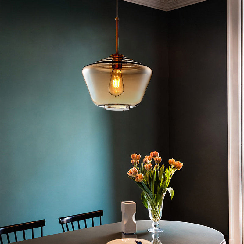 Modern Amber Pendant Lamp for Dining Room with Glass Shade – Triangle/Drum/Cone, 6.5"/9"/12" Wide