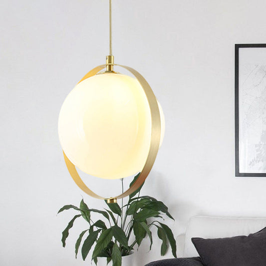 Modern Glass Pendant Light with Brass Ring - Globe White Hanging Kit