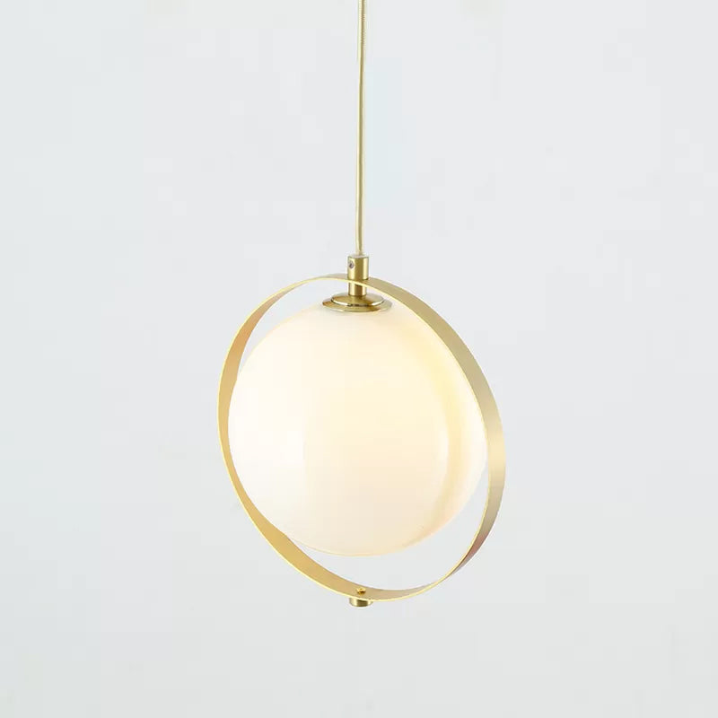 Modern Glass Pendant Light with Brass Ring - Globe White Hanging Kit