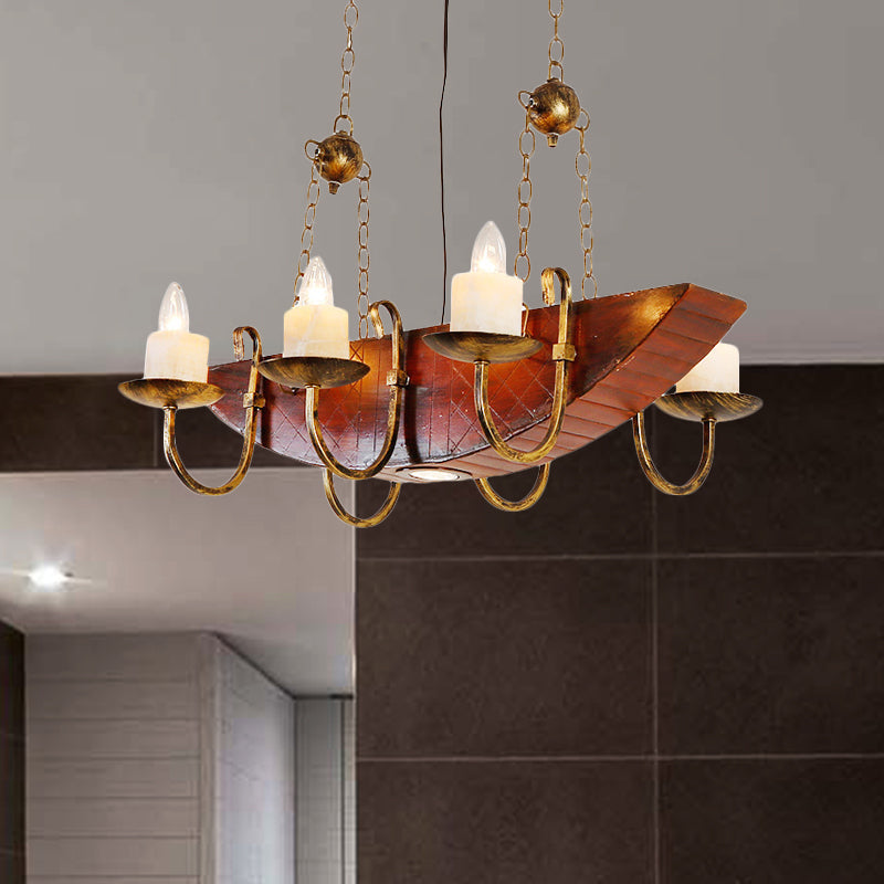Madelon - Lustre à bougie en laiton antique Lampe suspendue rustique en métal à 6 lumières pour salon avec étagère en bois