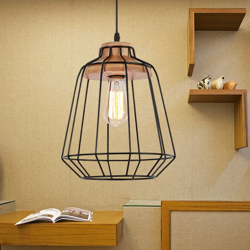 Suspension rétro en métal avec abat-jour en forme de cage cylindrique - Lampe suspendue pour chambre à coucher en noir