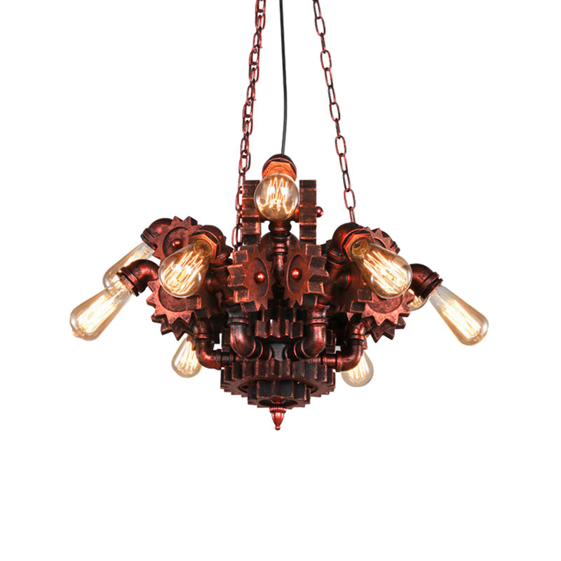Alathfar - Lustre suspendu de salon Vintage Gear en fer forgé vintage à 9 lumières en cuivre patiné avec chaîne