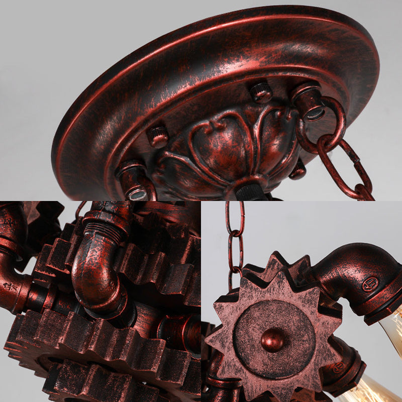 Alathfar - Lustre suspendu de salon Vintage Gear en fer forgé vintage à 9 lumières en cuivre patiné avec chaîne