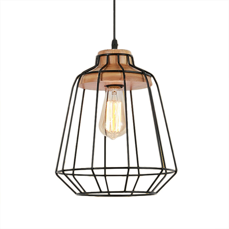 Suspension rétro en métal avec abat-jour en forme de cage cylindrique - Lampe suspendue pour chambre à coucher en noir