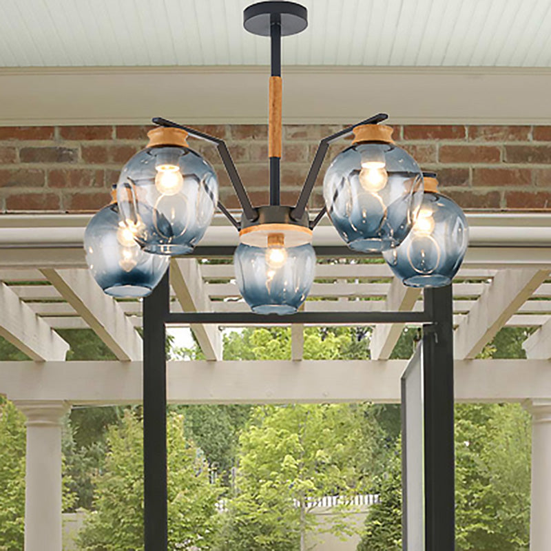 Nordic Globe Chandelier Pendant Light: Dimpled Blown Glass 3/5 Lights Grey/Green Finish