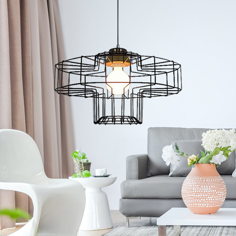 Suspension rétro en métal avec abat-jour en forme de cage cylindrique - Lampe suspendue pour chambre à coucher en noir