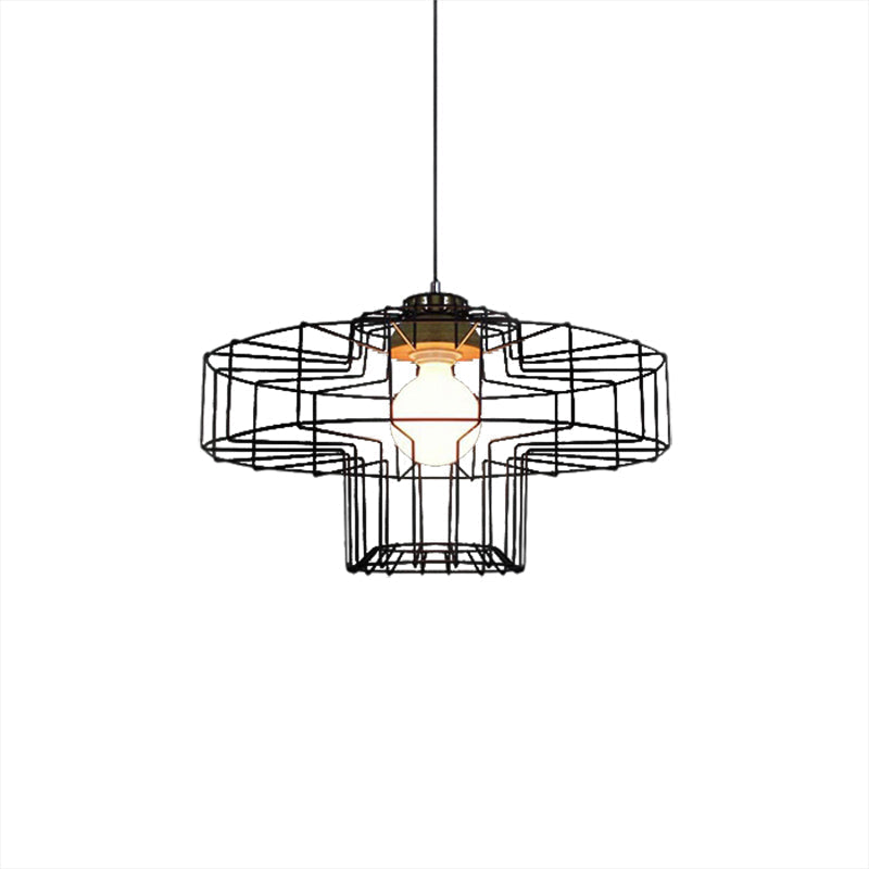 Suspension rétro en métal avec abat-jour en forme de cage cylindrique - Lampe suspendue pour chambre à coucher en noir