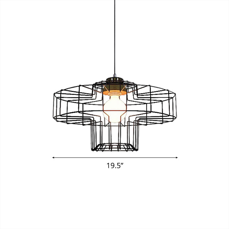 Suspension rétro en métal avec abat-jour en forme de cage cylindrique - Lampe suspendue pour chambre à coucher en noir