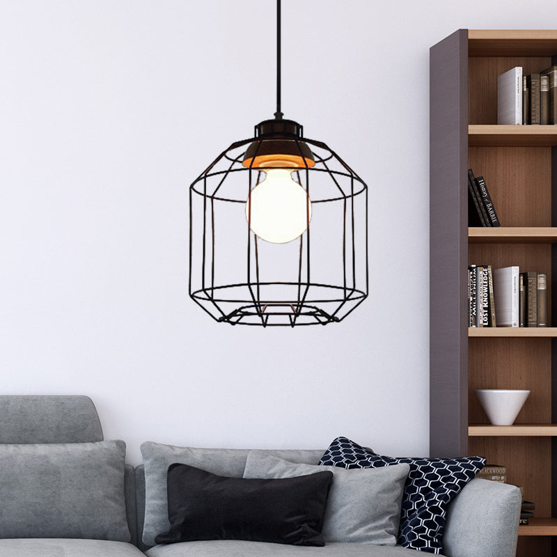 Suspension rétro en métal avec abat-jour en forme de cage cylindrique - Lampe suspendue pour chambre à coucher en noir