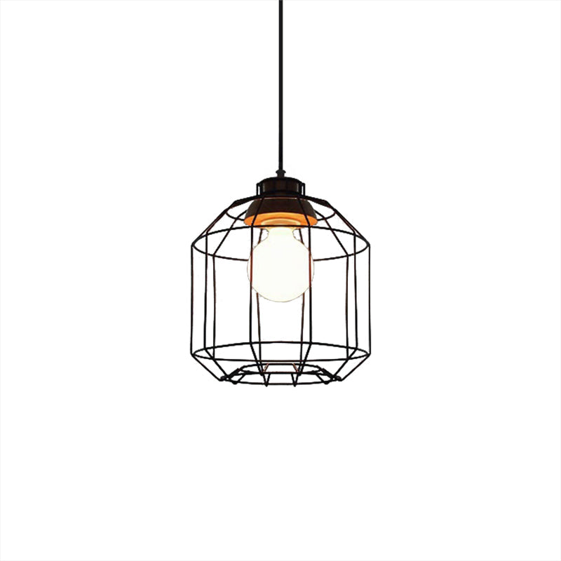 Suspension rétro en métal avec abat-jour en forme de cage cylindrique - Lampe suspendue pour chambre à coucher en noir